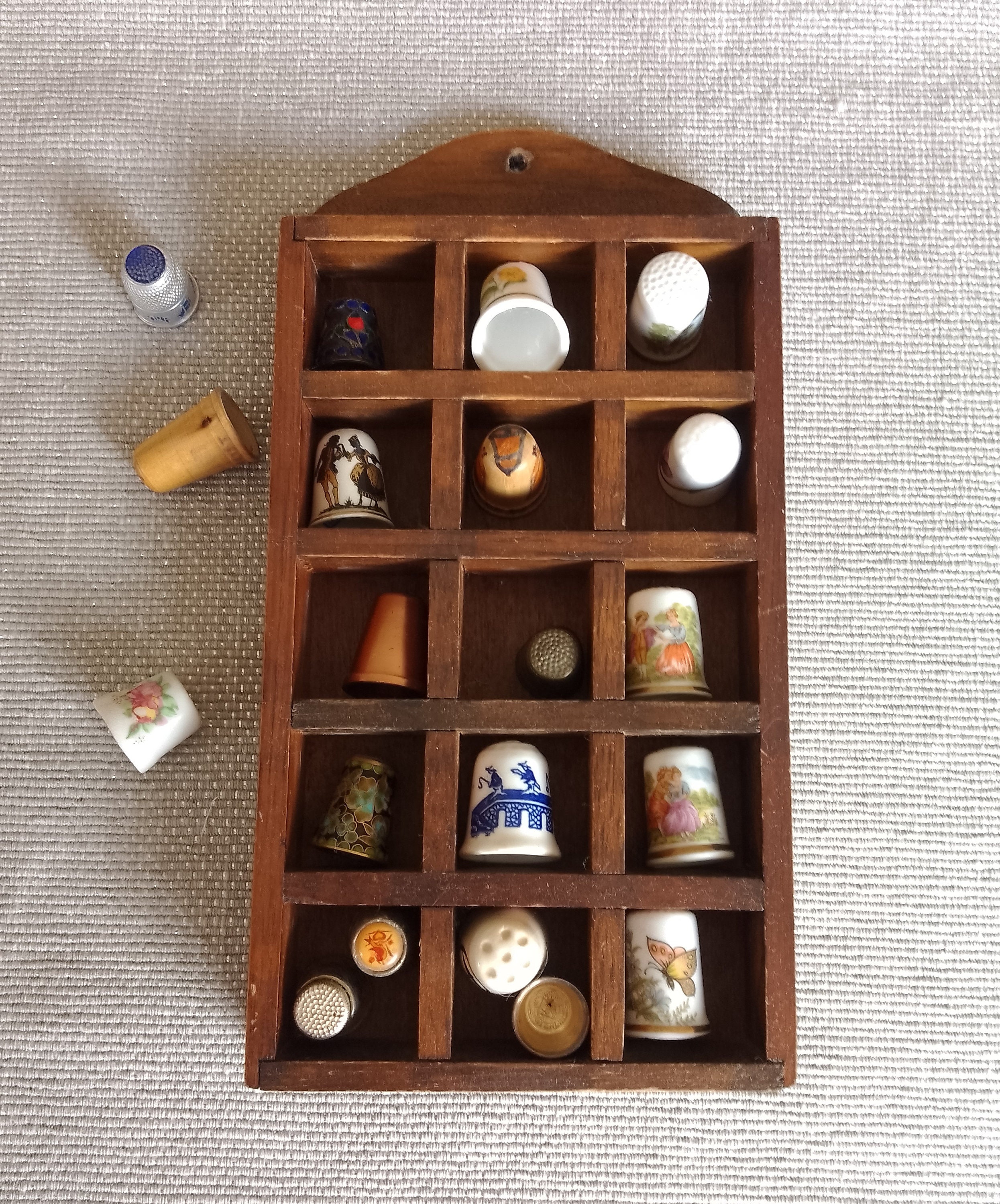 Vintage Dark Wood Thimble Display Case Hanging Wood shelf Trinkets