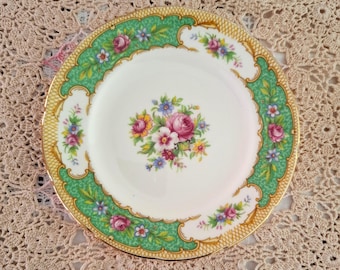 Vintage EB Foley Bone China Side Plate “Tudor” | Green & Gold Scrollwork with Floral Detail