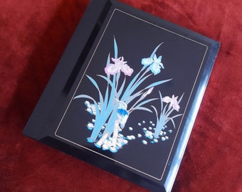 Vintage 1980s Black Photo Album with Irises and Bird, fold out photo pockets