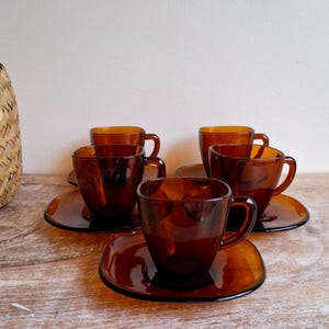 Vintage Vereco Amber Glass Espresso Cups France 1960s Mid-Century Modern Coffee Set