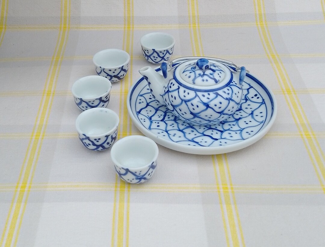 Vintage Miniature Chinese Tea Set With Teapot, Miniature Cups and Plate