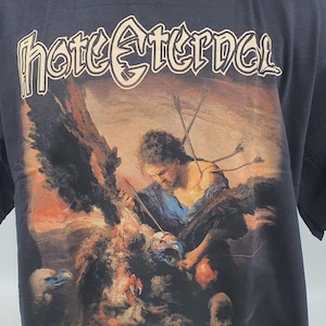Puede incluir: Camiseta negra con un estampado gráfico de una pintura que representa a un hombre con flechas en la espalda luchando contra un pájaro grande. El nombre de la banda "Hate Eternal" está impreso en una fuente estilizada sobre la imagen.