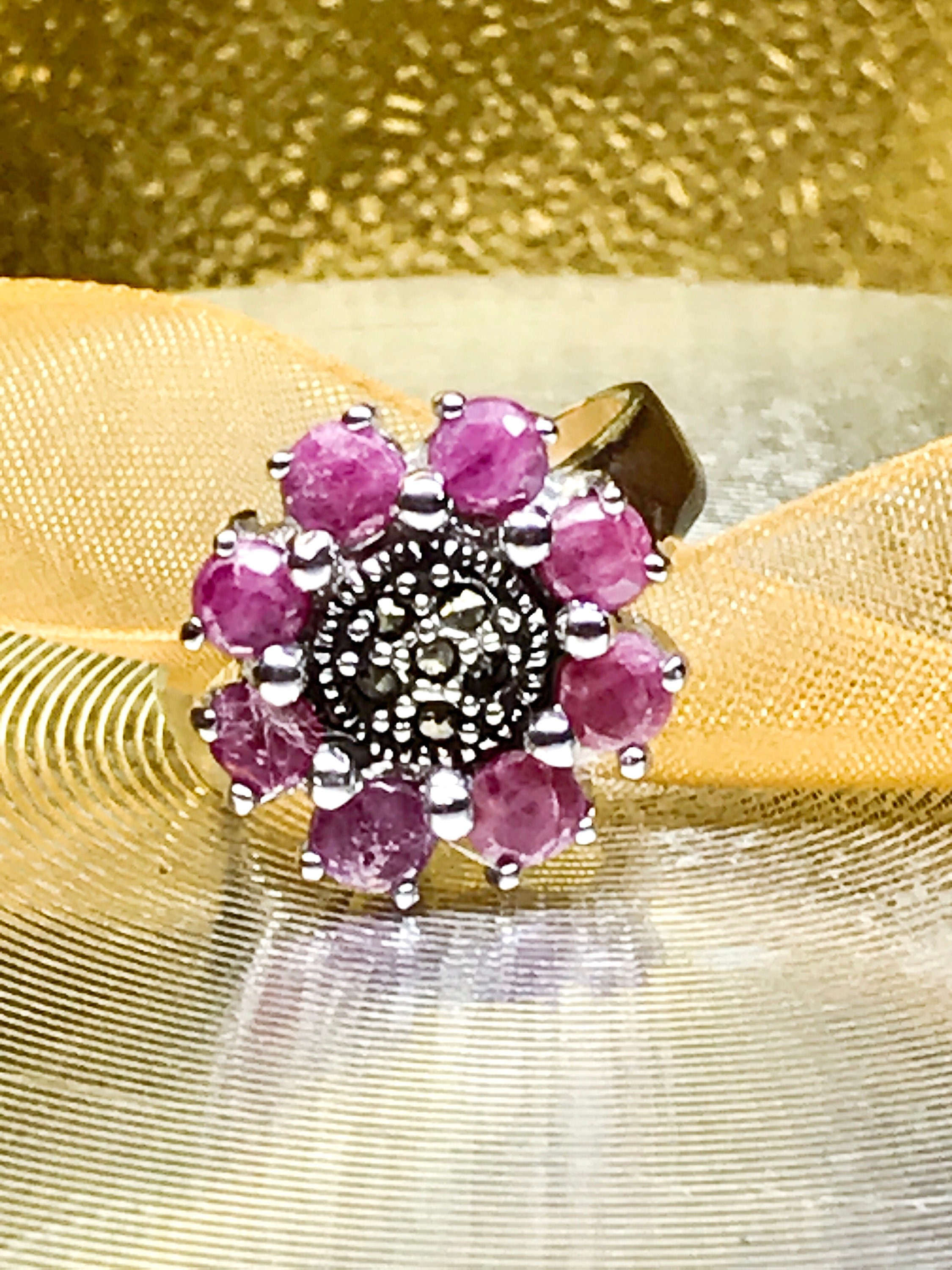 Bague En Argent Massif Avec Grenats Et Marcassites - Forme Marquise, Taille 56 - Occasion