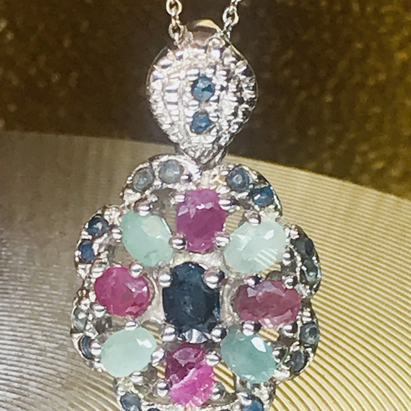 Brand New Real Emerald-Ruby-Blue Sapphire-Marcasite Sterling Silver Rhodium Plated Vintage Style Pendant/Gift for her