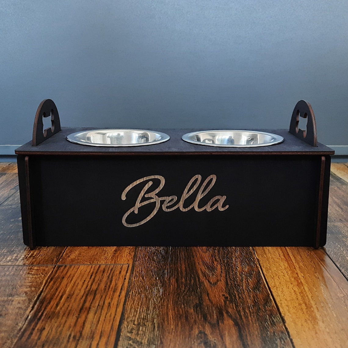 Personalized dog feeding stand with 2 stainless steel bowls Etsy