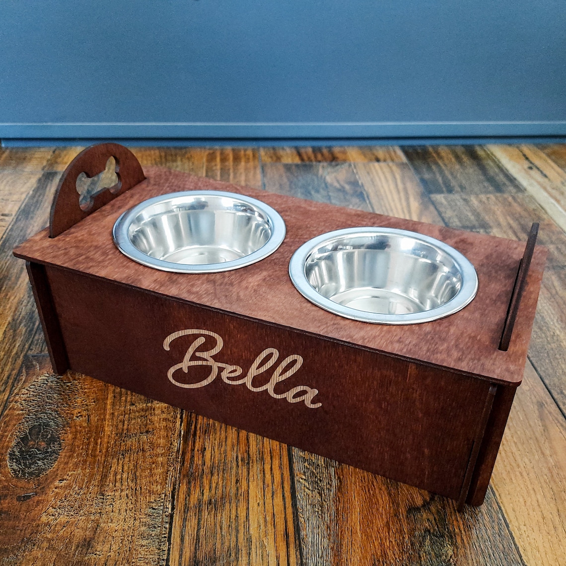 Personalized dog feeding stand with 2 stainless steel bowls Etsy