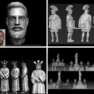 以下が含まれることがあります： ひげを生やした男性の頭部の3Dモデル、さまざまなポーズをとったローマ兵士の3Dモデル、そしてさまざまなポーズをとった茨の冠をかぶった男性の3Dモデルです。