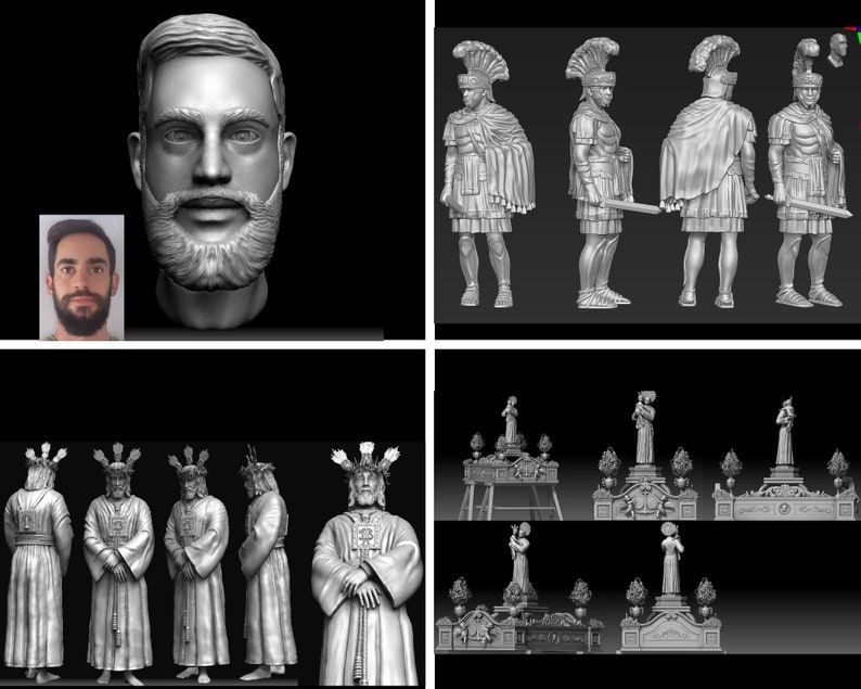 以下が含まれることがあります： ひげを生やした男性の頭部の3Dモデル、さまざまなポーズをとったローマ兵士の3Dモデル、そしてさまざまなポーズをとった茨の冠をかぶった男性の3Dモデルです。