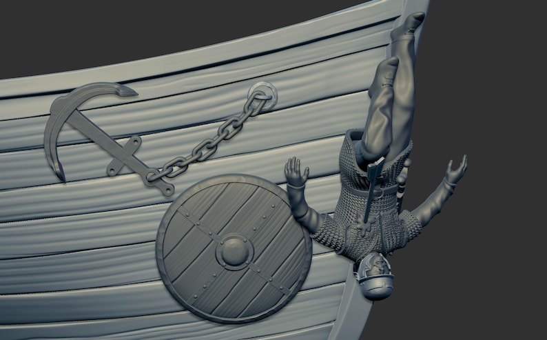 以下が含まれることがあります： 船から落ちるバイキングの戦士の3Dモデル。戦士は鎖帷子と兜を身につけています。船は木製の船体と大きな錨を持っています。戦士は盾と剣を持っています。