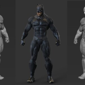 以下が含まれることがあります： 黒いスーツとマントを着たバットマンの3Dモデルが、腕を体の横につけたニュートラルなポーズで立っています。モデルは、基本的なワイヤーフレームから完全にレンダリングされたバージョンまで、3つの異なる完成段階で表示されています。
