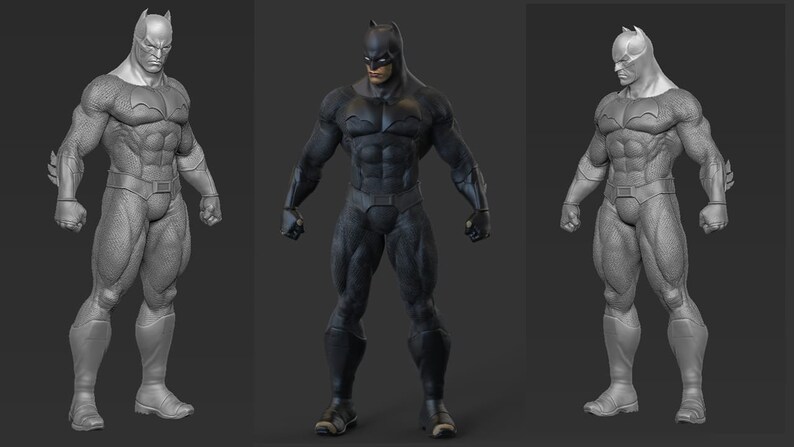以下が含まれることがあります： 黒いスーツとマントを着たバットマンの3Dモデルが、腕を体の横につけたニュートラルなポーズで立っています。モデルは、基本的なワイヤーフレームから完全にレンダリングされたバージョンまで、3つの異なる完成段階で表示されています。