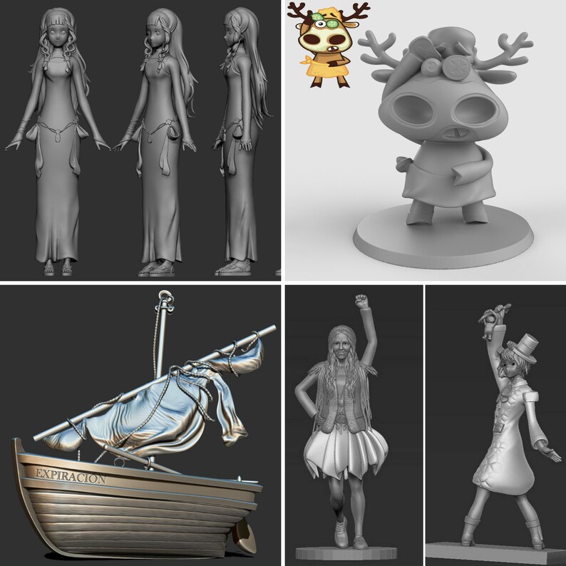 以下が含まれることがあります： 3Dプリントされたフィギュアのコレクション。フィギュアには、ロングドレスを着た女性、ロングドレスを着た女性の横顔、ロングドレスを着た女性の後ろ姿、角のある鹿、大きな目と角のある生き物、帆をつけたボート、長い髪とスカートを着た女性、帽子とロングスカートを着た女性が含まれています。