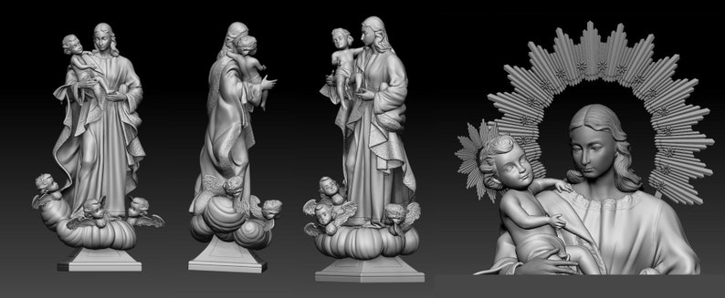 以下が含まれることがあります： 聖母マリアが赤ん坊のイエスを抱いている3Dプリントモデル。モデルは立っており、天使たちに囲まれています。モデルは白いプラスチック製で、滑らかな仕上がりです。