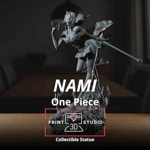 以下が含まれることがあります： ワンピースのキャラクター、ナミのグレーのコレクタブルスタチュー。スタチューは3Dプリントされており、ナミがダイナミックなポーズで杖を持っています。スタチューのベースは、詳細でテクスチャード加工されたデザインです。「NAMI One Piece」の文字が表示されています。