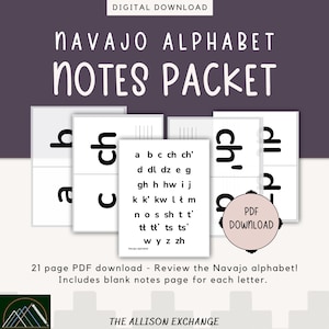 Navajo ABC alphabet Notetaking printable PDF Diné Bizaad