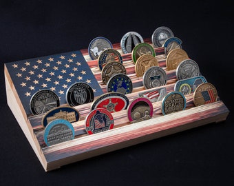 American Flag Challenge Coin Display For Desk or Shelf - USA Made - (approx. 24 coins)
