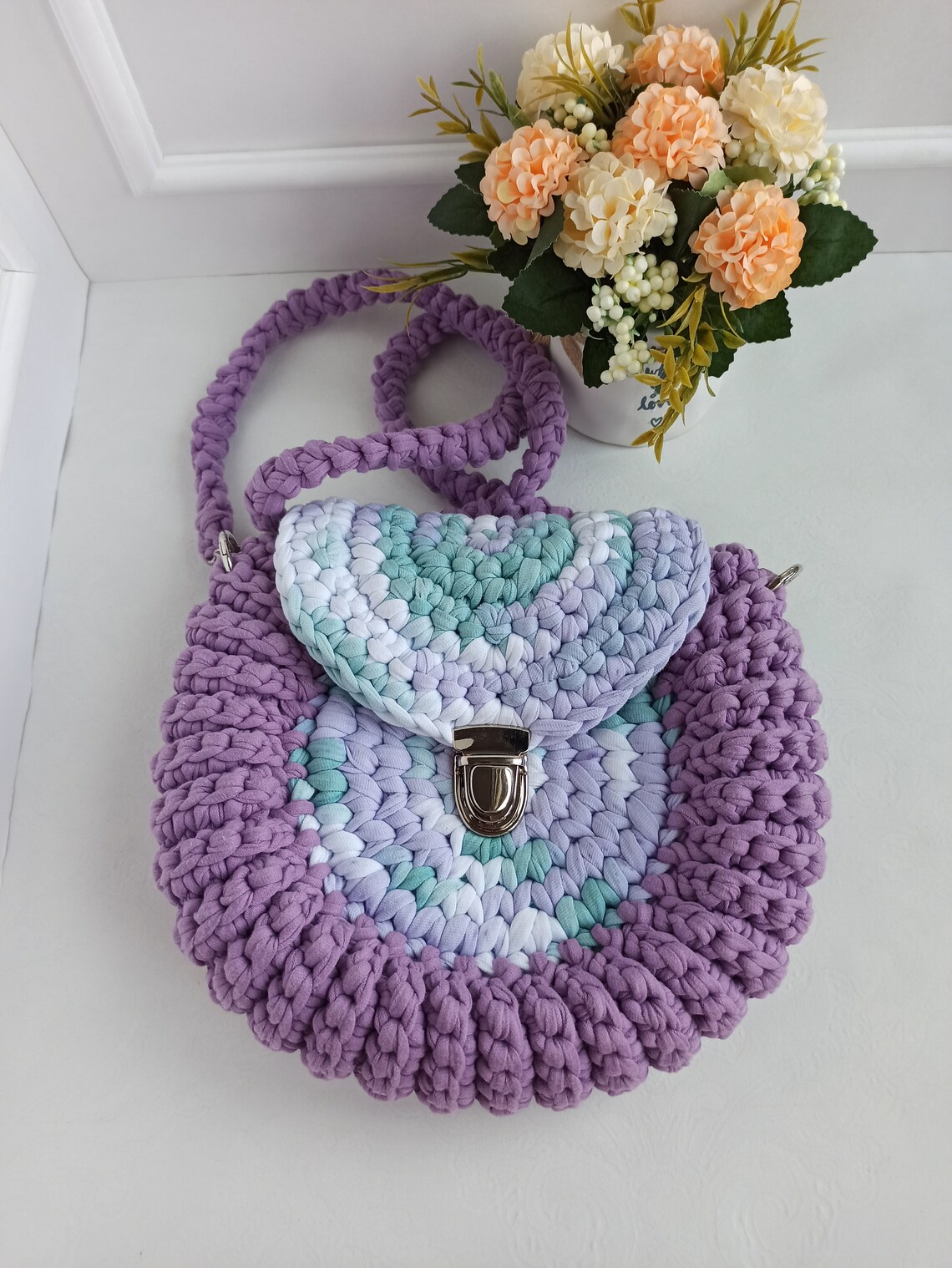 Crochet round bag. Tshirt yarn crossbody. Etsy