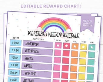 Printable Editable Weekly Schedule | Rainbow Checklist | PSD PDF Chore Chart Kids