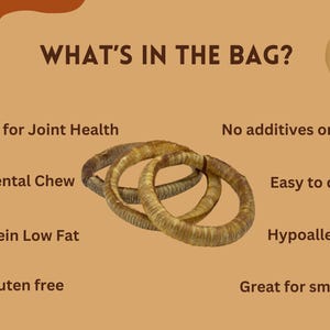 May include: An image with the text "WHAT'S IN THE BAG?" and "noble paws" logo. The image shows three circular dog chews. Text highlights the chews are superfood for joint health, natural dental chews, high protein, low fat, grain & gluten free, no additives, easy to digest, hypoallergenic, and great for smaller dogs.