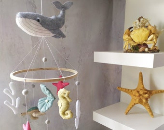 Big ocean sea marine mobile, nursery mobile,felt  hanging mobile, crib ocean nursery mobile, whale octopus sea shell mobile, girl mobile