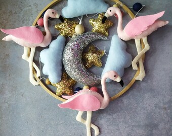 Baby mobile,flamingos mobile, felt baby mobile,nursery decor, pink baby mobile,girl baby mobile, bird mobile, baby shower gift, new mom gift