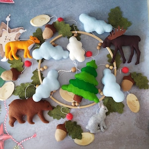 woodland nursery baby crib mobile with forest animals bear,elk,fox,rabbit. Woodland rustic nursery mobile, baby shower gift idea
