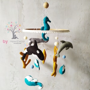 Sea ocean themed felt baby mobile,Whale mobile,baby girl boy mobile,nursery decor mobile, nautical nature crib baby mobile, dolphin mobile
