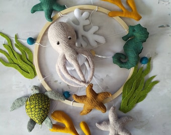 Ocean sea baby felt mobile, nautical baby mobile,octopus mobile,turtle mobile,coral mobile,sea creatures baby mobile, hanger baby mobile