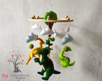 Berceau de bébé de feutre suspendu mobile avec le dinosaur, mobile de bébé de thème jurassique, mobile de décor de pépinière, cadeau mobile mobile de nouveau-né de lit de bébé de nature