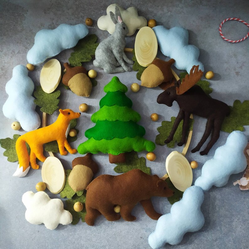 Móvil de bebé del bosque con oso animal del bosque, conejo, alce y zorro/decoración colgante del vivero del bosque/móvil de bebé personalizado para la habitación del bebé/regalo de la nueva mamá imagen 2