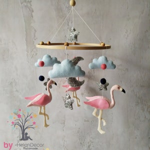 Flamingo baby mobile for nursery,flamingo baby crib mobile, girl baby mobile with pink birds, flamingo baby shower gift idea