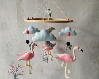 Flamingo baby mobile for nursery,flamingo baby crib mobile, girl baby mobile with pink birds, flamingo baby shower gift idea