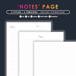 Puede incluir: Tres tamaños diferentes de papel rayado con la palabra "Notes" en la parte superior y "Date" en la esquina superior derecha. El papel es blanco con líneas negras.
