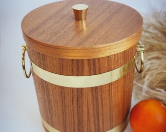 Vintage Ice Bucket Wood Brass Retro MCM Mid Century