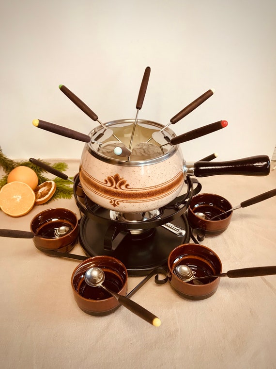 Vintage Fondue Bourguignonne Complete Set Brown Beige Metal Retro 