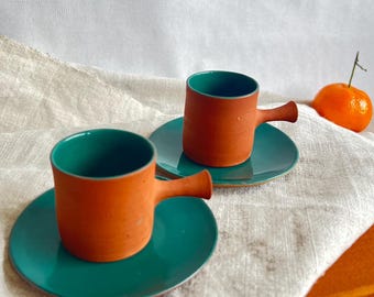 Vintage Espresso Cups pair Artist made Handmade Artisinal Charming Retro Sleek Clay Green