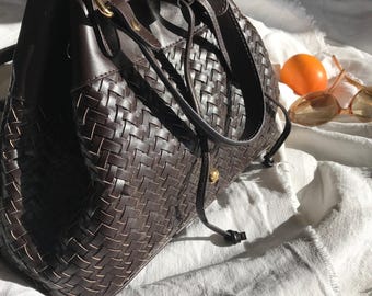 Vintage NavyBoot Bucket Hobo Bag Shoulder Crossbody Handbag Purse Woven Leather Brown Italy