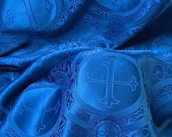 Blue Satin Jacquard Liturgical Cross Fabric Brocade Reversible BTY 57"wide DIY Sewing Religious Vestments and Decor