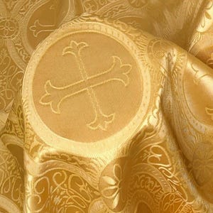 Gold Cross Liturgical Satin Jacquard Fabric with REVERSIBLE Design for Sewings Vestments & Home Decor