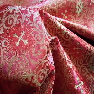 Red Gold Metallic Brocade Fabric Small Cross Filigree Scroll Liturgical Ecclesiastic Clergy Renaissance Design By Yard 58/60&quot;Wide DIY Sewing
