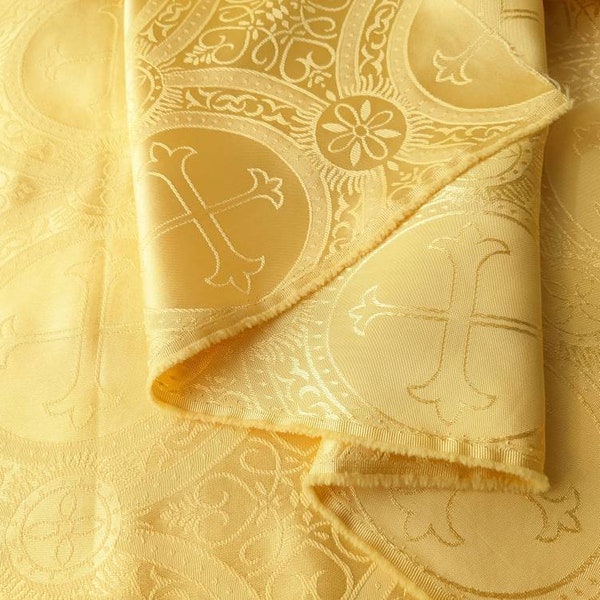 Amber Gold Satin Jacquard Liturgical Fabric Brocade Reversible BTY 57"wide Fleur de Lis Cross Religious Vestments Ceremonial Reneissance