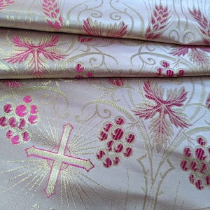 Metallic Brocade Fabric Fuchsia Pink Gold By the Yard Liturgical Religious Vestment Harvest Cross Design Grapes Symbolic Holiday Altar Cloth