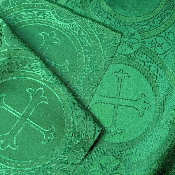 Liturgical Fabric REVERSIBLE Emerald Green Satin Jacquard Brocade BTY 57"wide Fleur de Lis Cross Religious Vestments Holiday