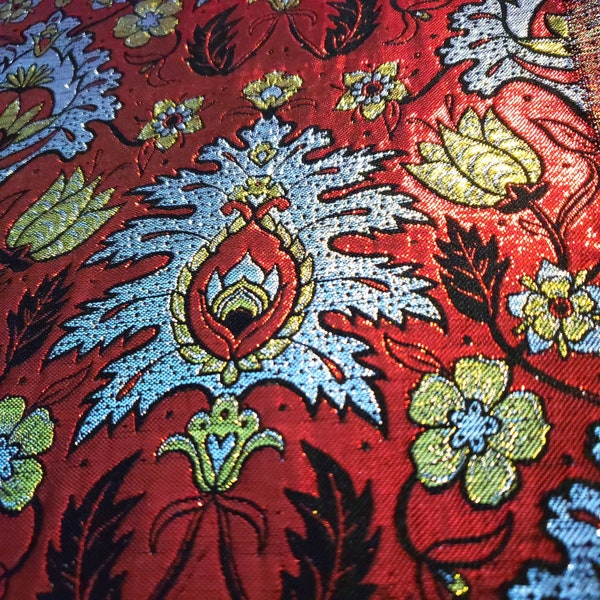 Metallic Red Jacquard Floral Damask Fabric Red Silver Gold 57"wide By the Yard Woven Metallic Foil Fabric Diy Sewing