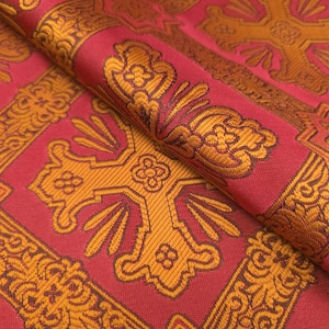 Red Luxury Brocade Fabric By the Yard Non Metallic Gold Cross Design for Sewing Vestments, Upholstery, Dress Clothing, and Home Decor