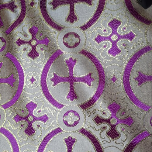 Liturgical Brocade Fabric Metallic Purple and Gold Cross Medallions Elegant Design Flory Cross Fabric by the Yard