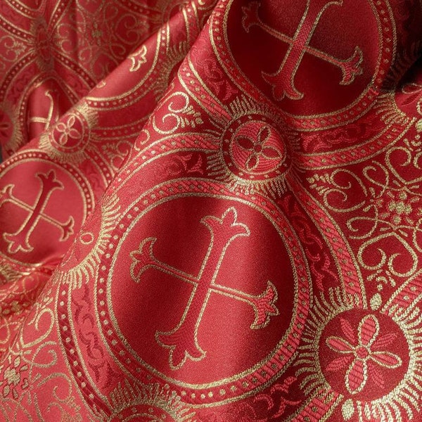 Metallic Brocade Fabric Red Gold By the Yard Liturgical Religious Vestments 7" Round Cross Medallion Holiday Altar Cloth Baroque Victorian