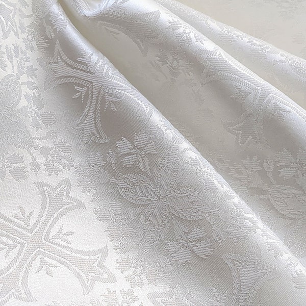 Tissu liturgique blanc réversible brocart jacquard satiné par mètre 57" de large croix vêtements religieux baptême mariée maison bricolage couture