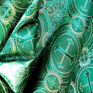 Metallic Brocade Fabric Dark Green Gold By the Yard Liturgical Religious Vestments Sewing and Home Decor