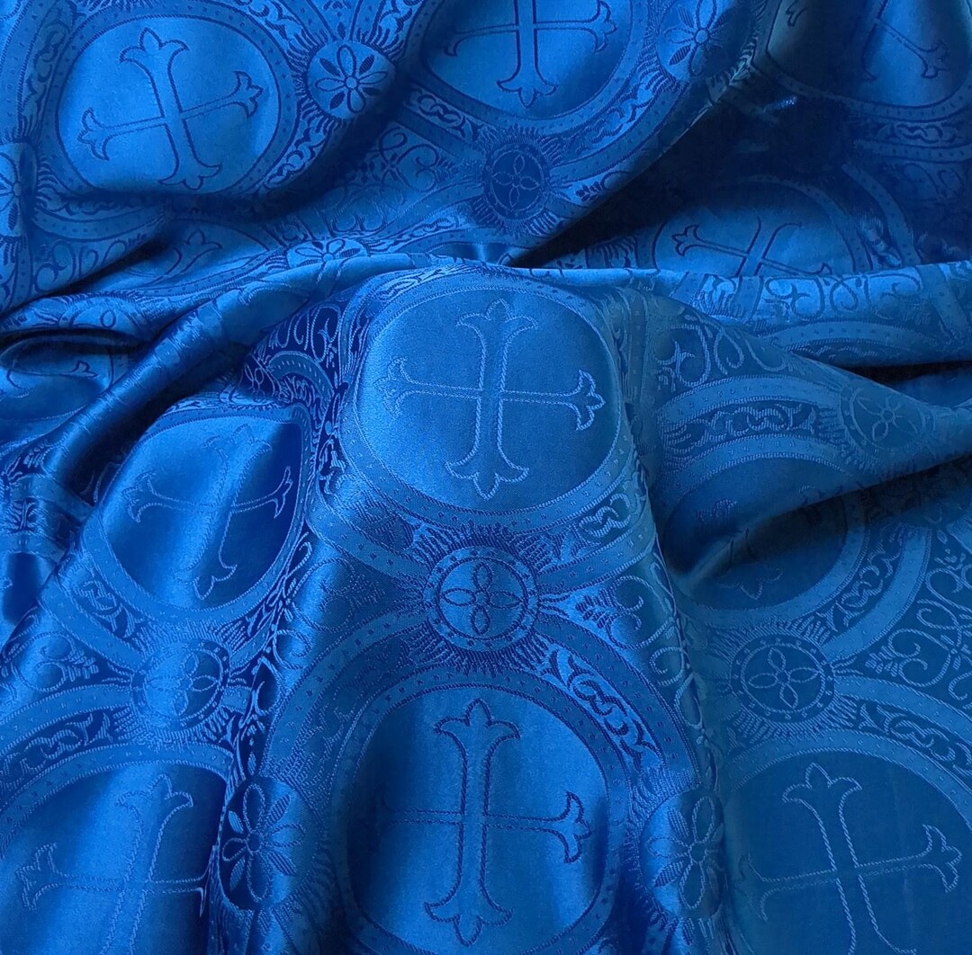 Blue Catholic Pattern Blue Satin Jacquard Liturgical Cross Fabric Brocade Reversible BTY 57 ...